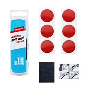 KIT REPARATION CHAMBRE A AIR WELDTITE RED DEVILS AVEC RUSTINES AUTOCOLLANTES-AUTOADHESIVES ROUGES - BOITE (6 RUSTINES AUTOADHESIVES 25mm + PAPIER PONCE) AVEC NOTICE