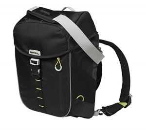 SACOCHE ARRIERE SAC A DOS VELO LATERALE BASIL MILES DAYPACK DROIT-GAUCHE SYSTEME FIXATION HOOK-ON WATERPROOF 17L NOIR LISERET JAUNE FLUO (BANDOULIERE + SAC A DOS) (31x17x44cm)